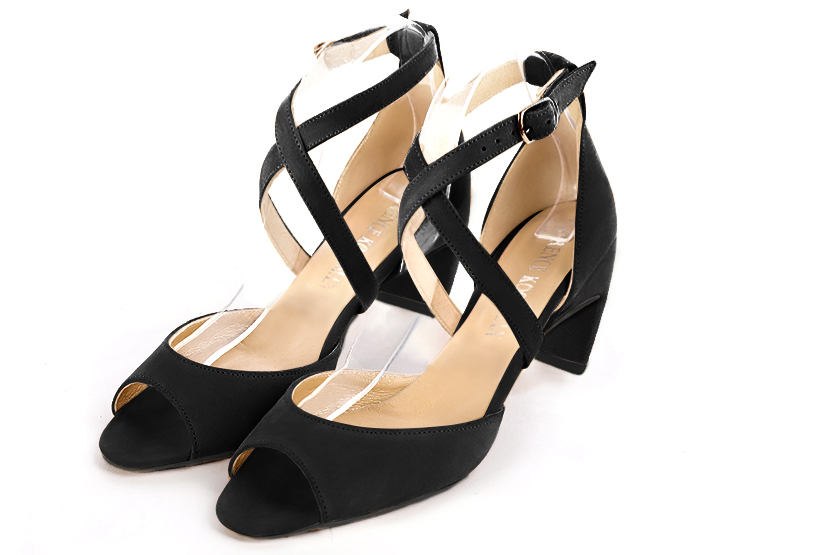 Matt black women's closed back sandals, with crossed straps. Square toe. Medium comma heels - Florence KOOIJMAN